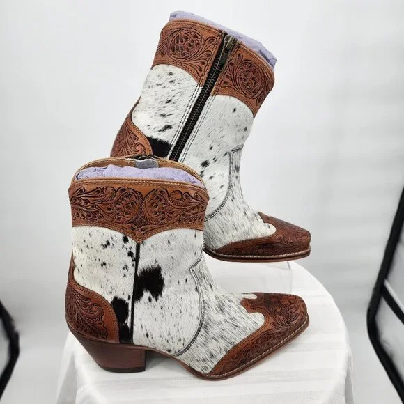 MYRA BAG Silverado Hair On Tooled Leather Shortie Cowboy Boots Size 6-11 NWT - Picture 3 of 13